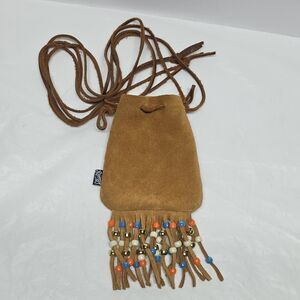 Native American Style Brown Suede Medicine Bag Pouch Beaded Fringed By LoopyQ